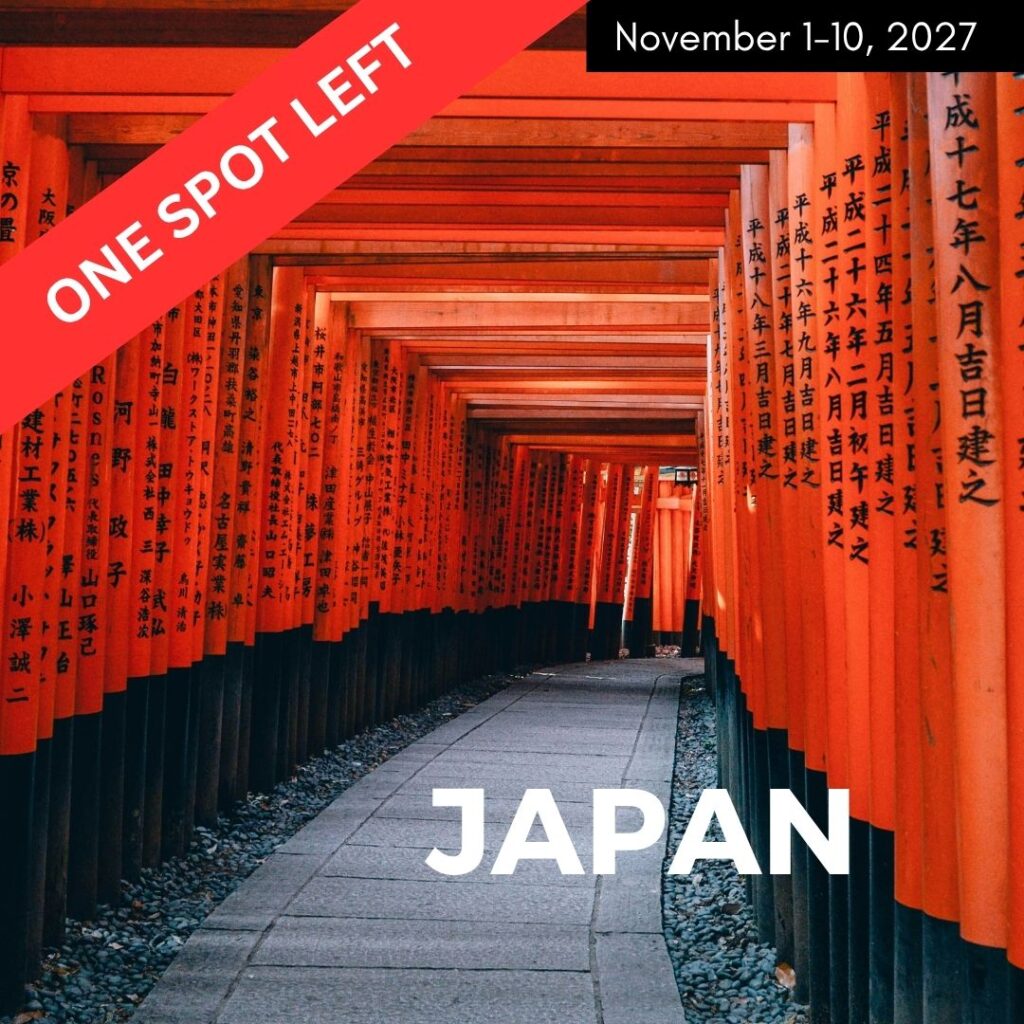 red torii gates in japan promoting a vegan tour through the country