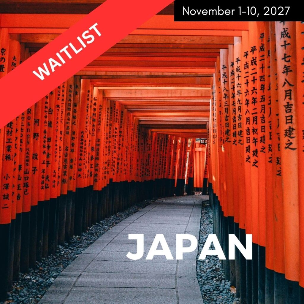 red torii gates in japan promoting a vegan tour through the country