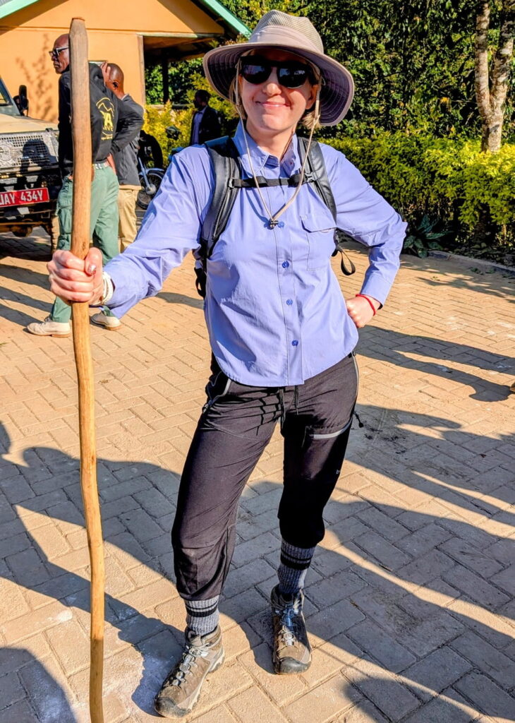 rebecca gade dressed and ready to hike in Bwindi Impenetrable Forest National Park to see gorillas