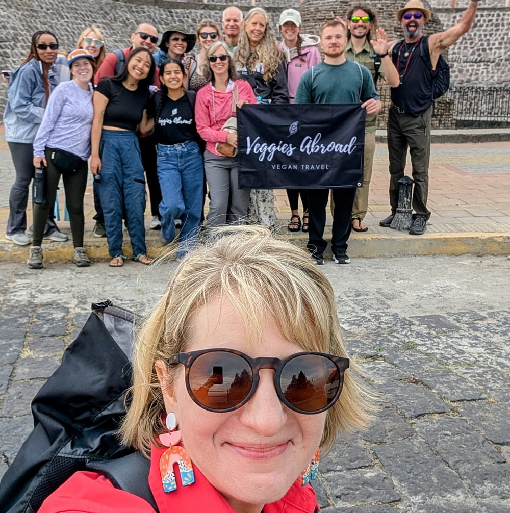 rebecca gade sawicki with a vegan tour group in ecuador